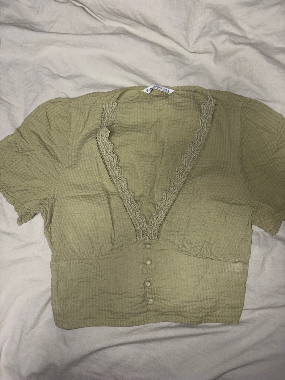 Olive Lace-Trim Smocked Crop Top
